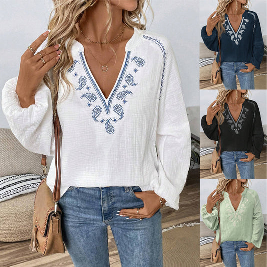Fashion Design V-neck Embroidery Cotton Top