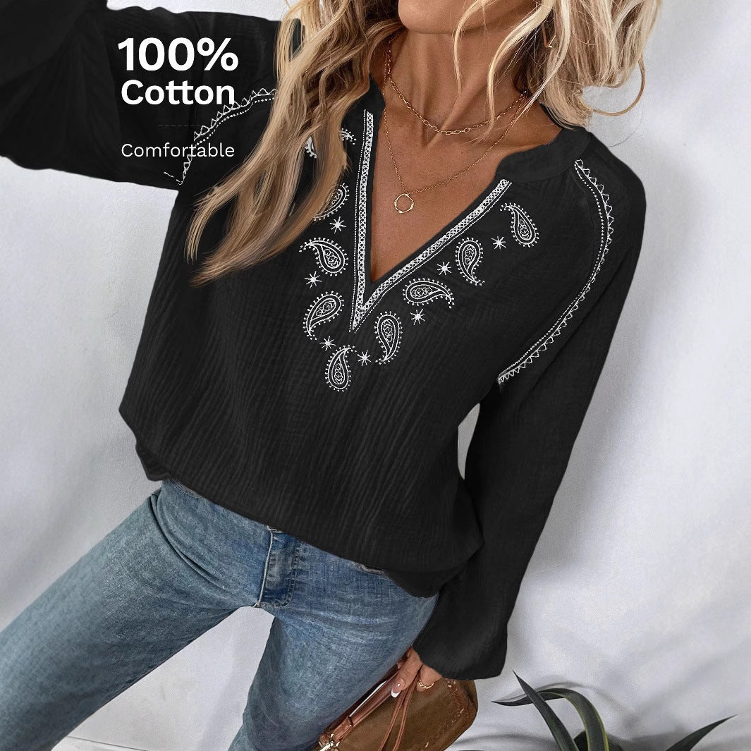 Fashion Design V-neck Embroidery Cotton Top